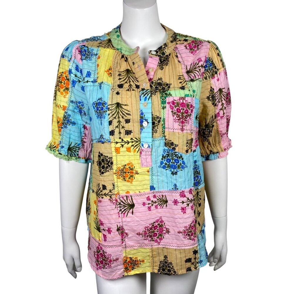 Ivy Jane Floral Patchwork Popover Shirt Womens Size S Short Sleeve Boho Artsy